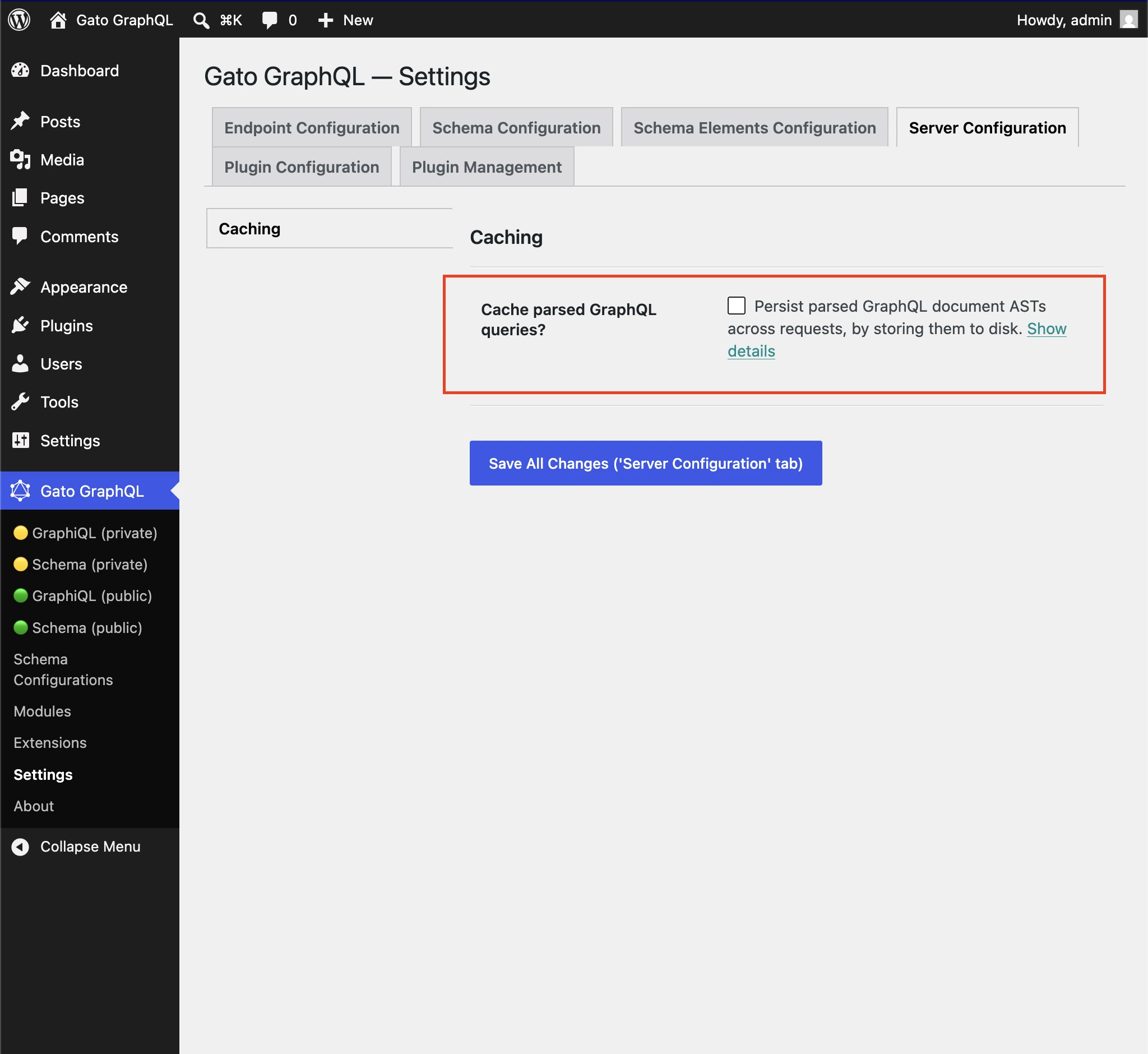 在 Settings 中启用已解析 GraphQL 查询的缓存